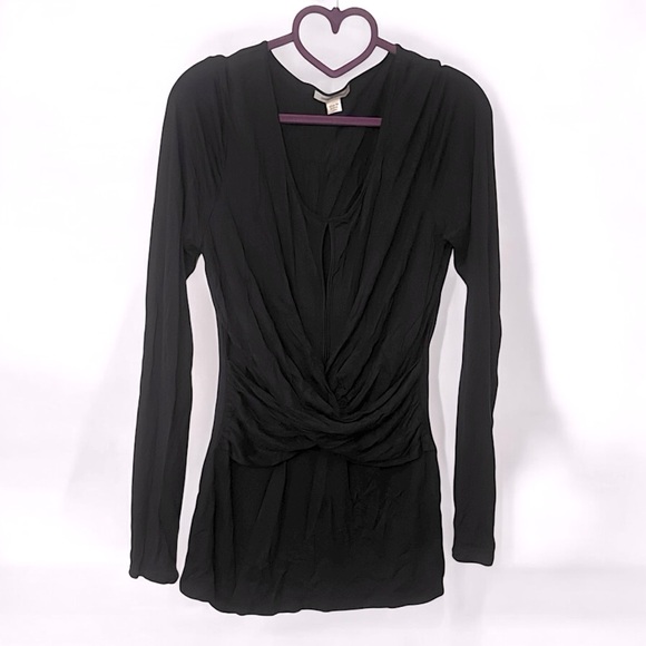 Black Draped Twist-Front Long Sleeve Top – Elegant Stretch Blouse - Picture 1 of 6